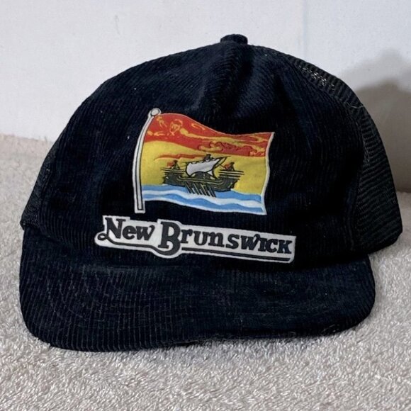 Vintage Black Corduroy New Brunswick Mesh Snap Back Trucker Hat - Picture 1 of 9